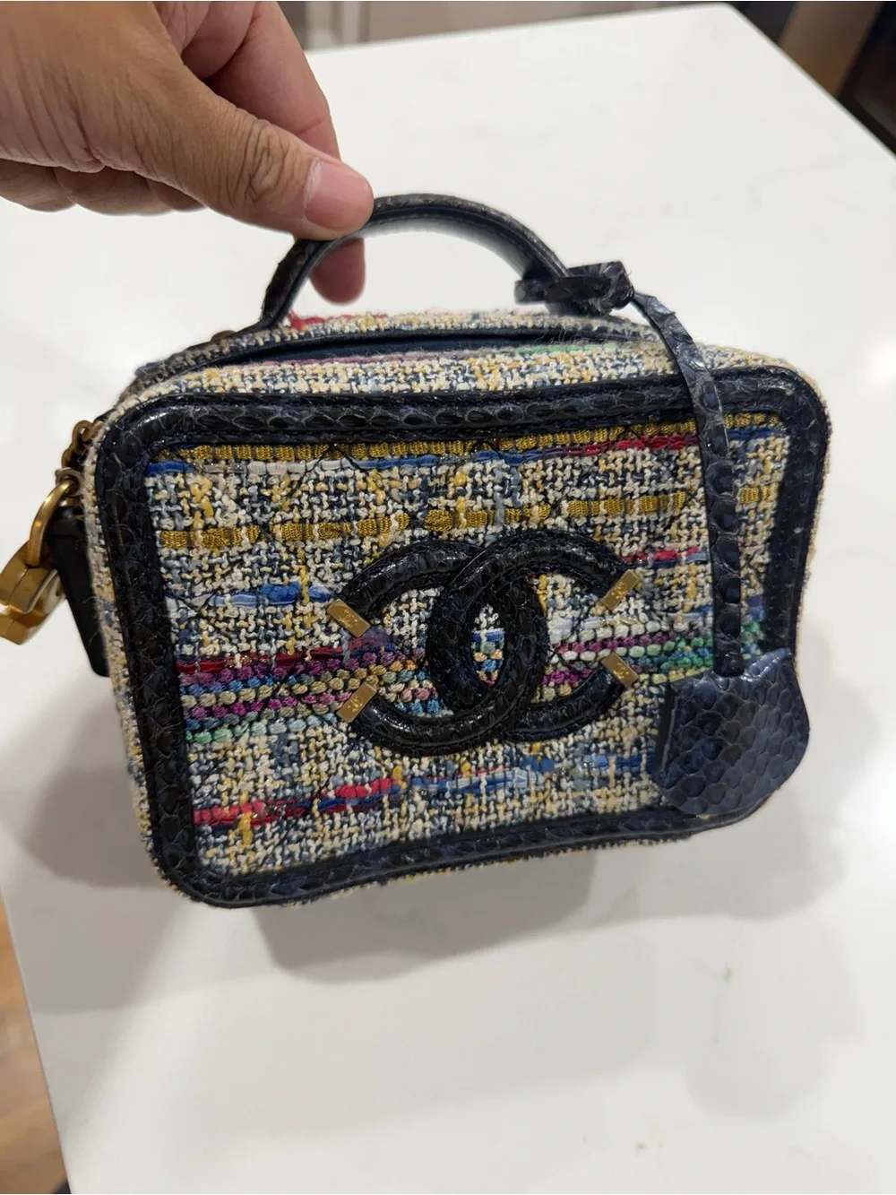 CHANEL Multicolor Tweed Vanity Crossbody with Navy Leather Trim